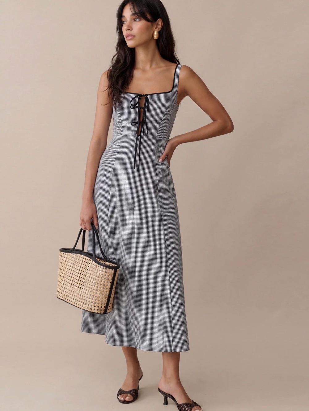 Few Moda o.p.t NWT Babette Black & White Sleeveless Gingham Midi Dress Tie Front